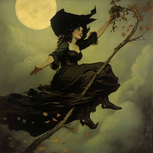 Green witch flying on broomstick