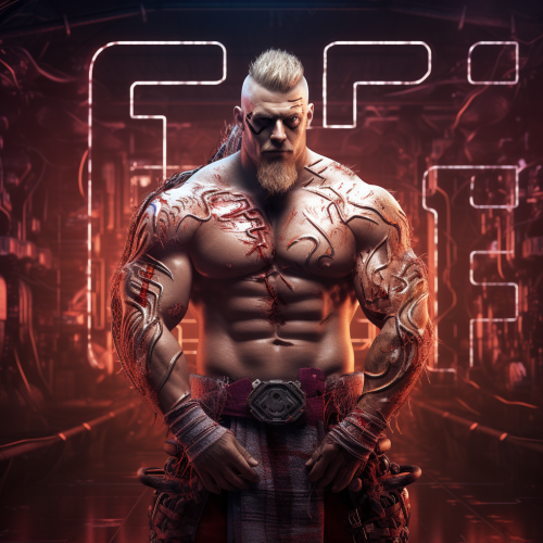 Muscle Viking in Futuristic Metaverse with  G R E N I E  Text