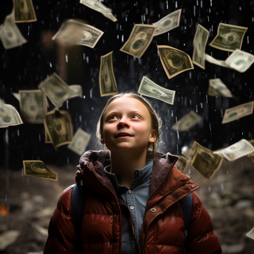 Greta Thunberg wiping tears with cash