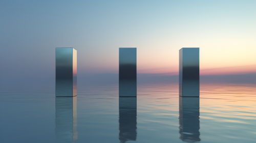 Grey rectangular forms in glowing ocean