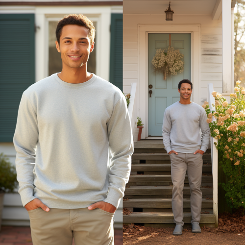 Grey sweatshirt on attractive male
