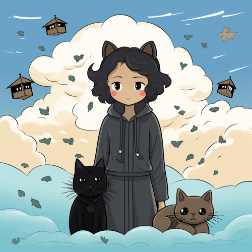 Grieving Chinese woman with her angelic black cat