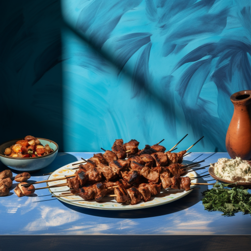 Grilled kebab on a blue table Grilled kebab on a blue table