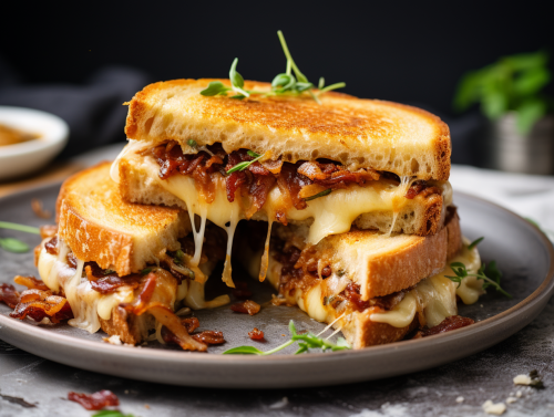 Sourdough cheddar grilled cheese with onions and bacon