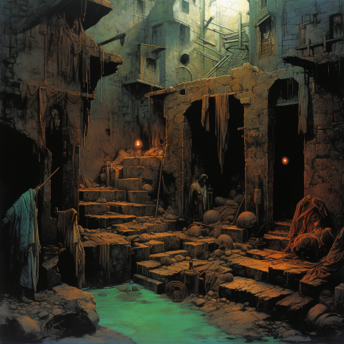 Illustration of grimy sewer makeshift dwelling