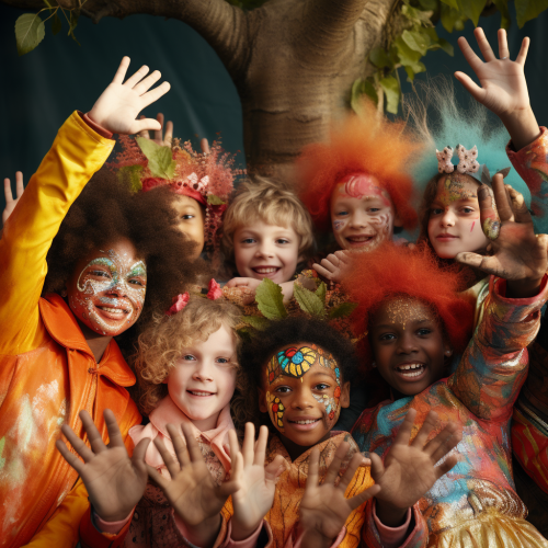 Children in colorful costumes raising hands