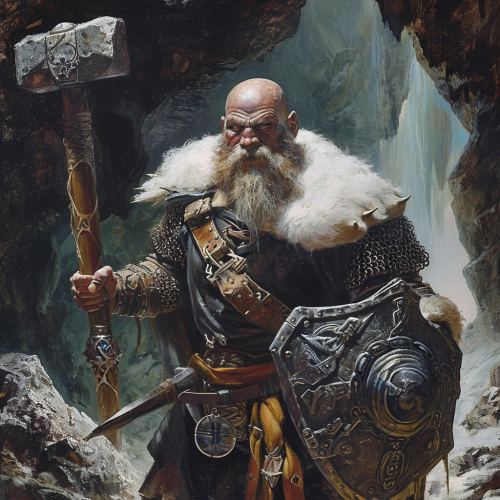 Gruff Bald Cleric Battle Hammer Shield Cave Entrance
