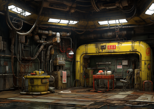 Interior of grungy robot repair station with giant robot