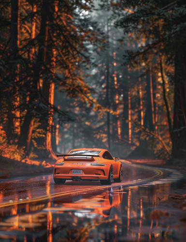 GT3 car on forest road with reflections