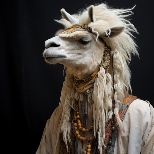 Fashionable guilty llama with coiffed wig and hippie attire .