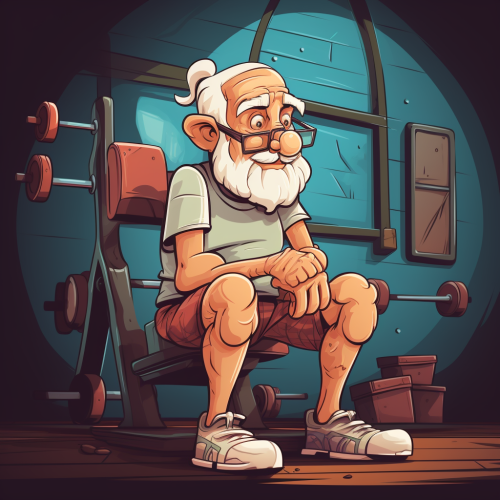 Elderly man exercising in a vintage gym cartoon
