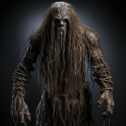 Realistic image of a hairy tall creature with chains on its wrists