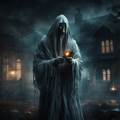 Halloween ghost using technology in dark scene