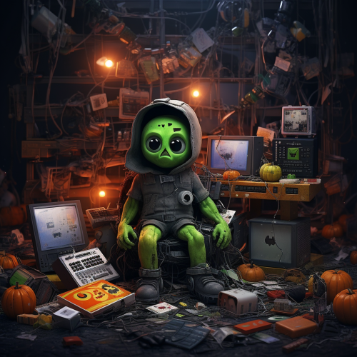Cute Halloween elements with e-waste in focus