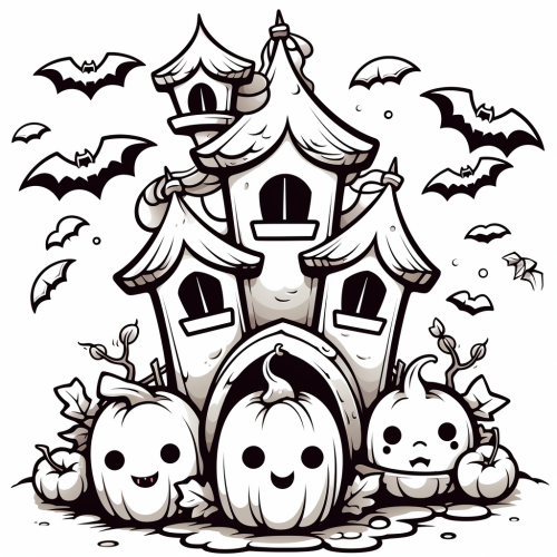 Cute Halloween House with Bats and Pumpkins