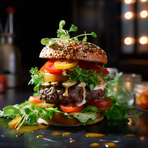 Tasty hamburger publicity reel with fresh tomato salad Tasty hamburger publicity reel with fresh tomato salad