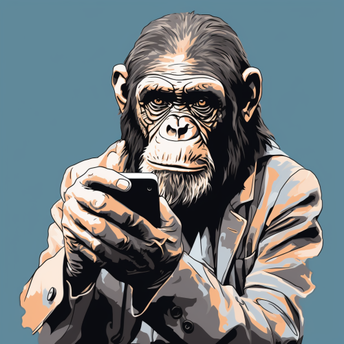 Hand drawn chimpanzee with smartphone
