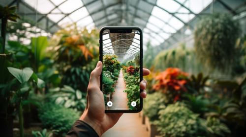 Hand holding cellphone in greenhouse