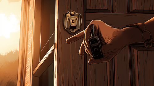 Hand pressing doorbell outside house Hand pressing doorbell outside house