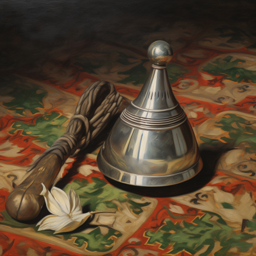 Beautiful silver-handled handbell on tiled ground