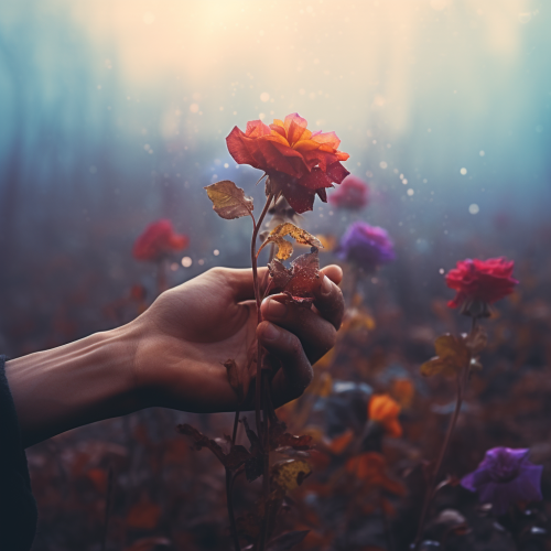 Hands holding flower in foggy day