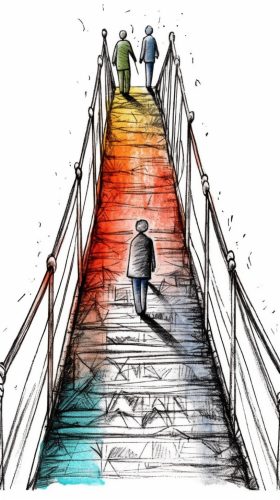 Colorful hands building a bridge