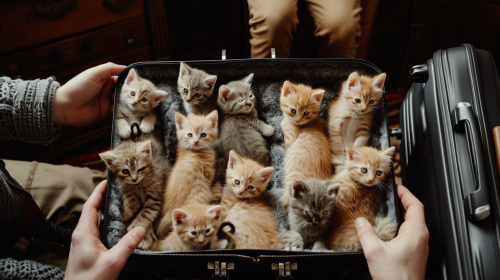 Hands Holding Suitcase with Kittens and Passport