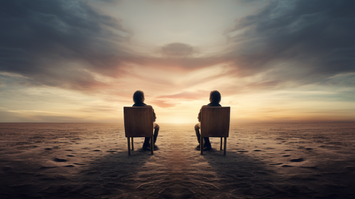 Two friends holding hands and gazing at the horizon