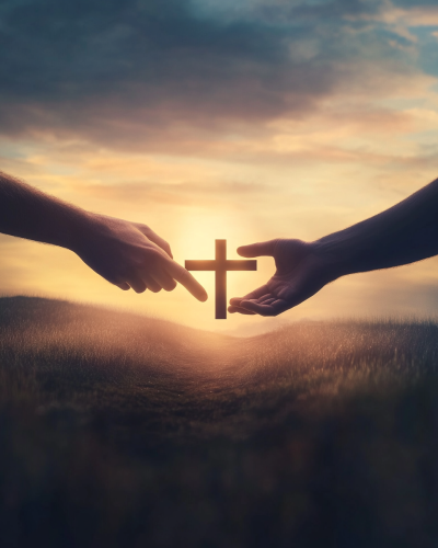 Two hands reaching cross silhouette Two hands reaching cross silhouette