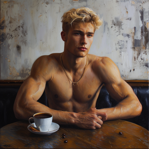 Handsome blond collegiate jock at modern cafe with coffees