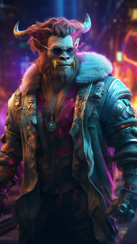 Smiling man with fluffy bull creature Smiling man with fluffy bull creature