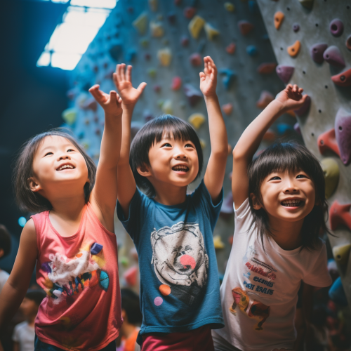 Happy Asian Boy and Two Girls Bouldering