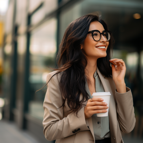 Happy Asian Woman with Coffee outside Business Office (6 words)