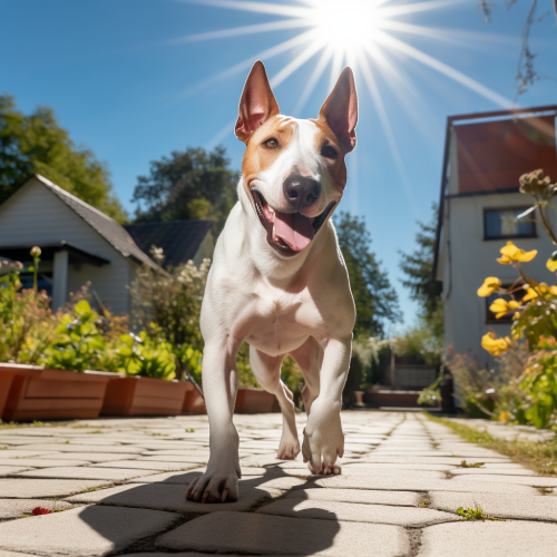 Happy Bullterrier Walking on a Sunny Day