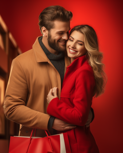 Happy couple shopping mall valentine sales