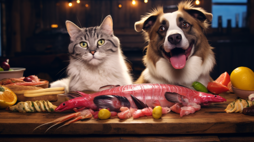 Happy dog and cat with delicious steaks and fresh fish