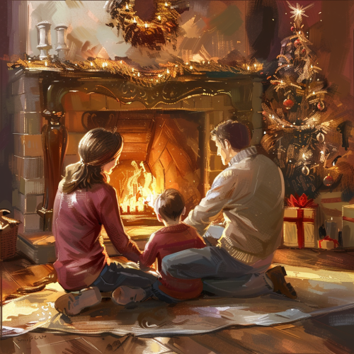 Happy family looking at fireplace