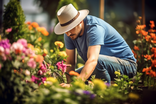 Happy gardener pruning flowers in colorful garden