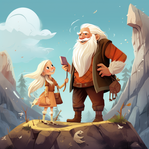 Illustration of a happy girl meeting a wise old man