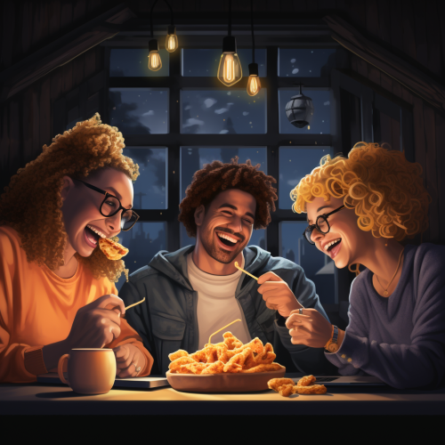 Happy group of friends enjoying Mac and Cheese