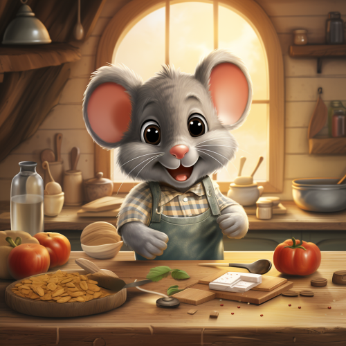 Illustration of a happy little gray mouse on a kitchen table