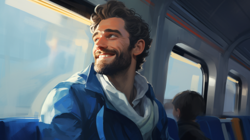 Happy man on train with blue scarf