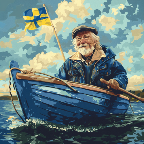 Elderly man in blue boat Swedish flag Elderly man in blue boat Swedish flag
