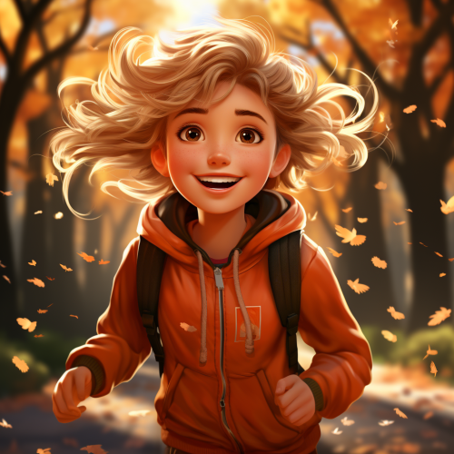 Blonde woman running on fall road in Pixar style