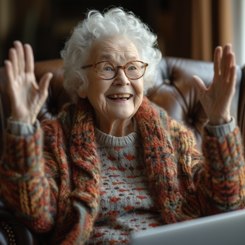 Happy senior woman stretching at home
