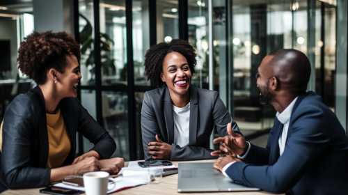 Happy business team discussing strategies