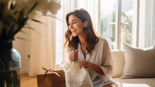 Woman happily opening a gift bag