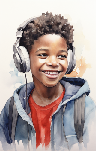 Illustration of a happy black boy listening to music