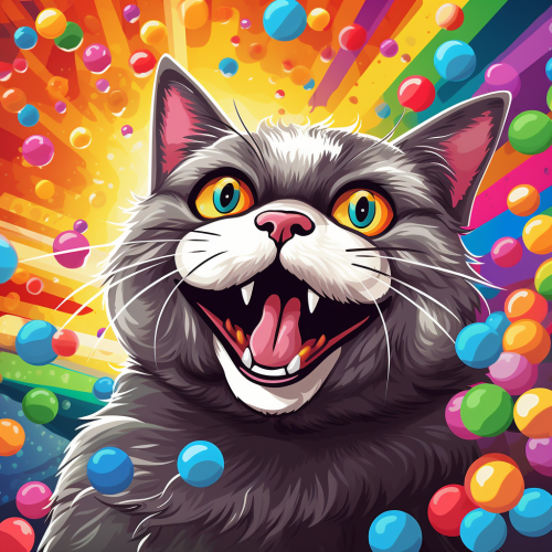 Happy cat roaring in colourful wool ball background