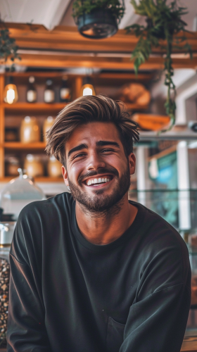 Happy man with friendly fans